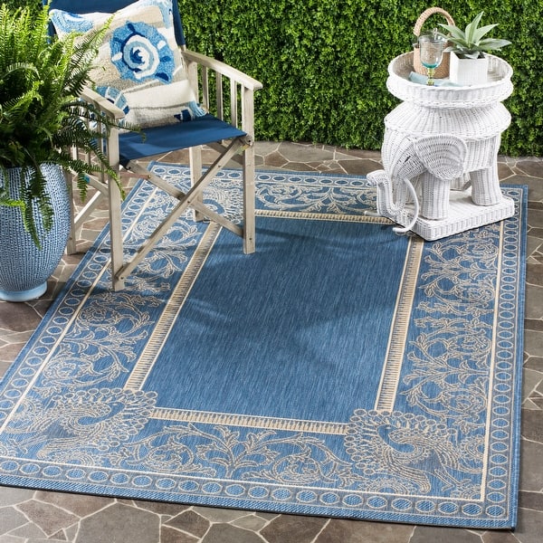 slide 17 of 101, SAFAVIEH Courtyard Abaco Floral Border Indoor/ Outdoor Area Rug 4' x 5'7" - Blue/Natural