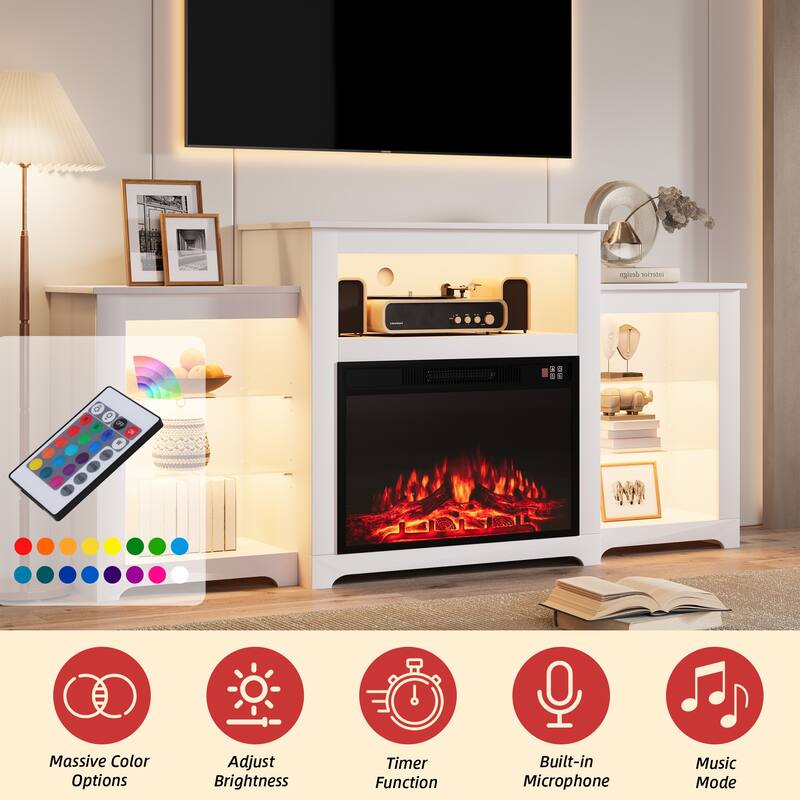 32" H TV Stand with Fireplace for TVs up to 80" - Remote Control, Energy-Efficient Heater, 16-Color Light Strip