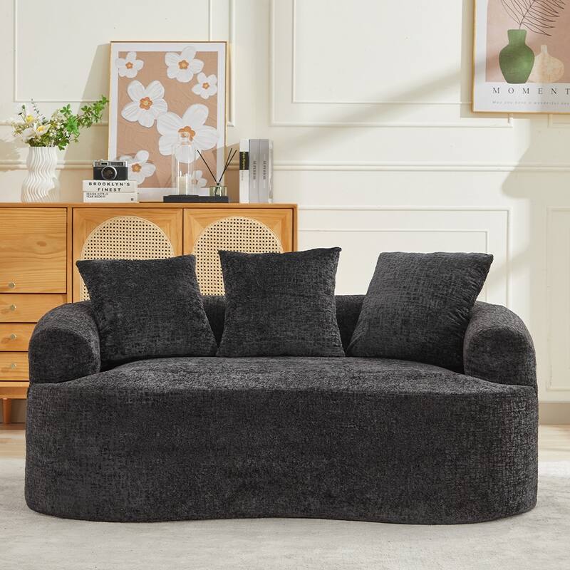 63.2" Modern Small Loveseat Sofa, Chenille Boneless Couch, Deep Seat Sofa with 3 Pillows - Black