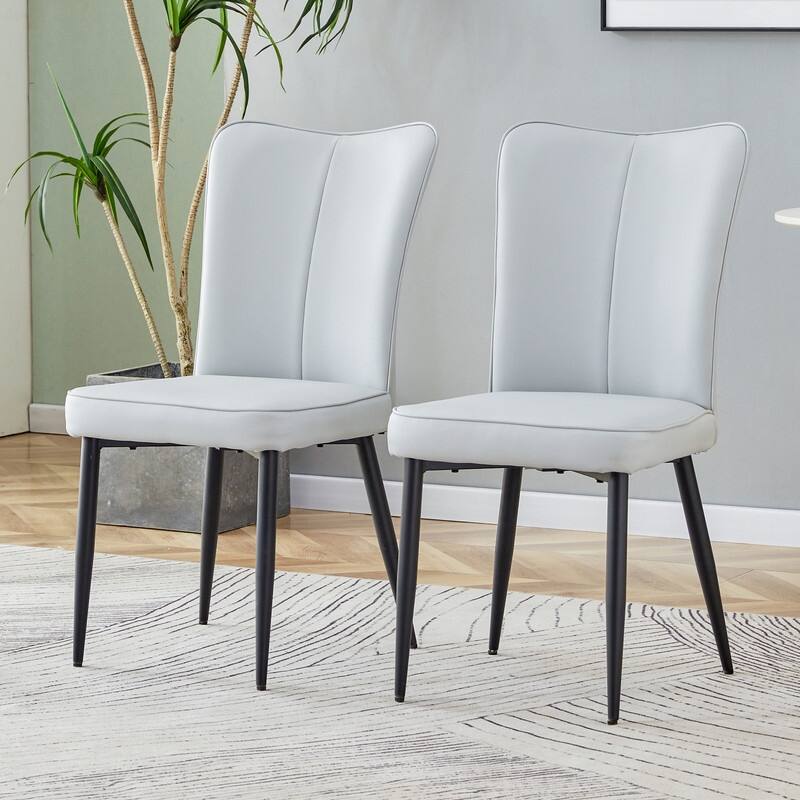 Modern/Minimalist Style PU Leather Dining Chairs Set of 2 with Black Metal Legs - Light Gray