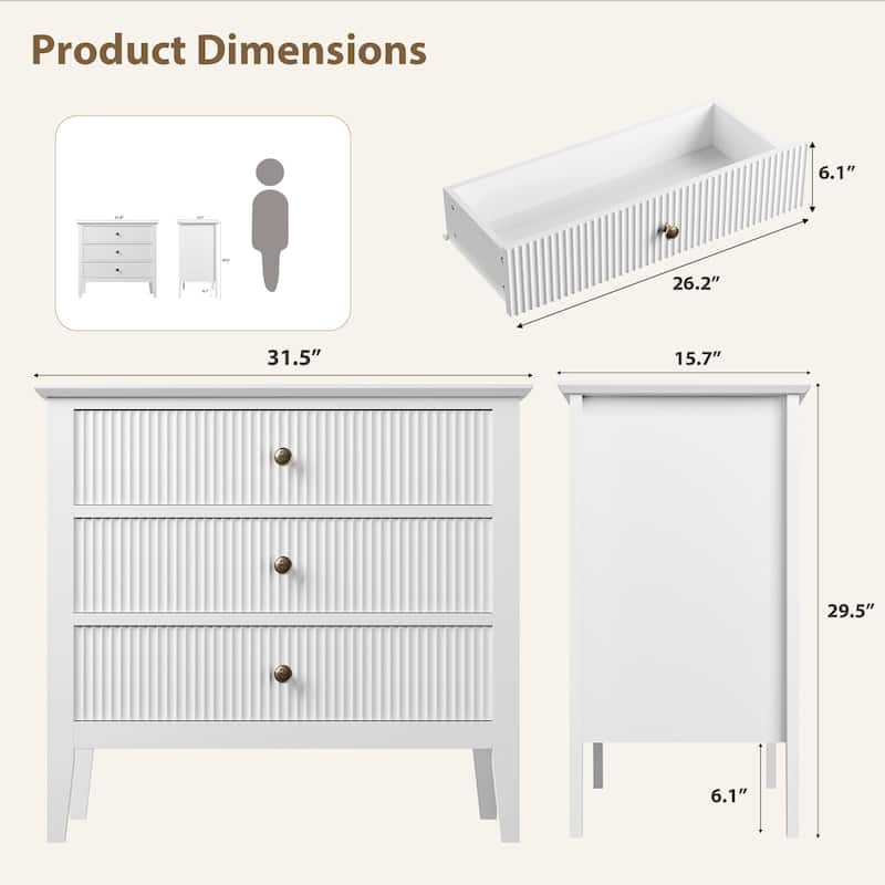 3 Drawer Fluted Dresser, Wide Wood Chest of Drawers with Metal Legs
