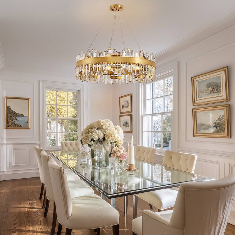 32 in. 2-Tier Modern Crystal Chandelier Brass Gold Round Crystal Raindrop Chandelier Contemporary Pendant Light for Dining Room