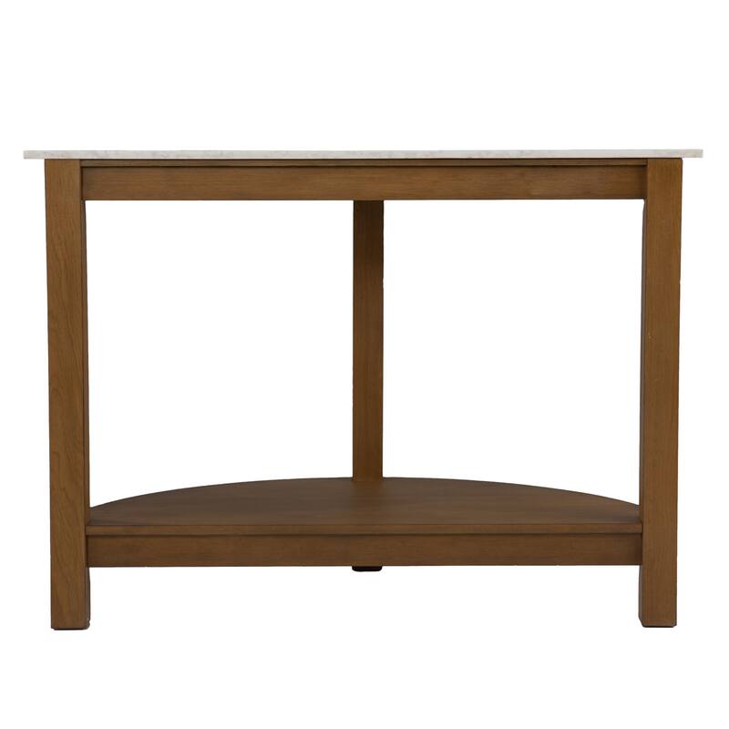 White Faux Marble Half Circle Console Table with Shelf and Wood Base - 41.75” L x 20” W x 30.25” H