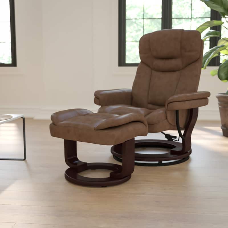 Contemporary Multi-Position Recliner and Curved Ottoman with Swivel Base - Palmino Faux Leather