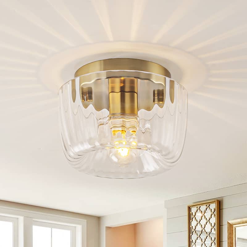 1-Light 6.3" Modern Glam Dome Clear Striped Glass Shade Flush Mount Ceiling Light/Wall Sconce for Hallways, Porch, Bedroom - 6.3 in. W x 4.3 in. H x 6.3 in. D - Clear/Gold