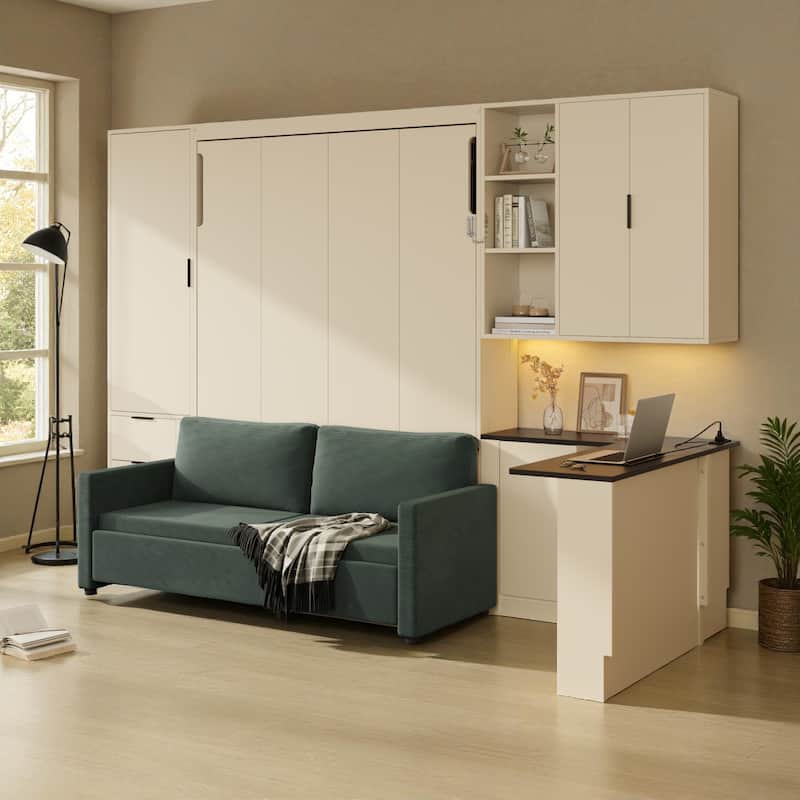 Queen Wall Murphy Bed with Hydraulic Lift Storage, Sofa, Shelves, Drawers, LED & USB Lighting for Small Spaces