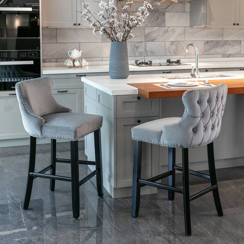 Contemporary Velvet Upholstered Wing-Back Barstools with Button Tufted Decoration Leisure Style Bar Chairs