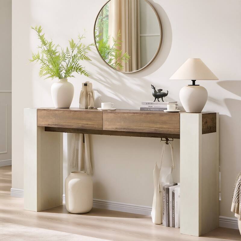 Modern Entryway Console Table, Thick Wood Sofa Table with Drawers - Antique White