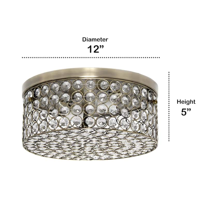 Two Light Decorative Round Crystal Flush Mount Ceiling Light Fixture - 12" - Bronze and Clear