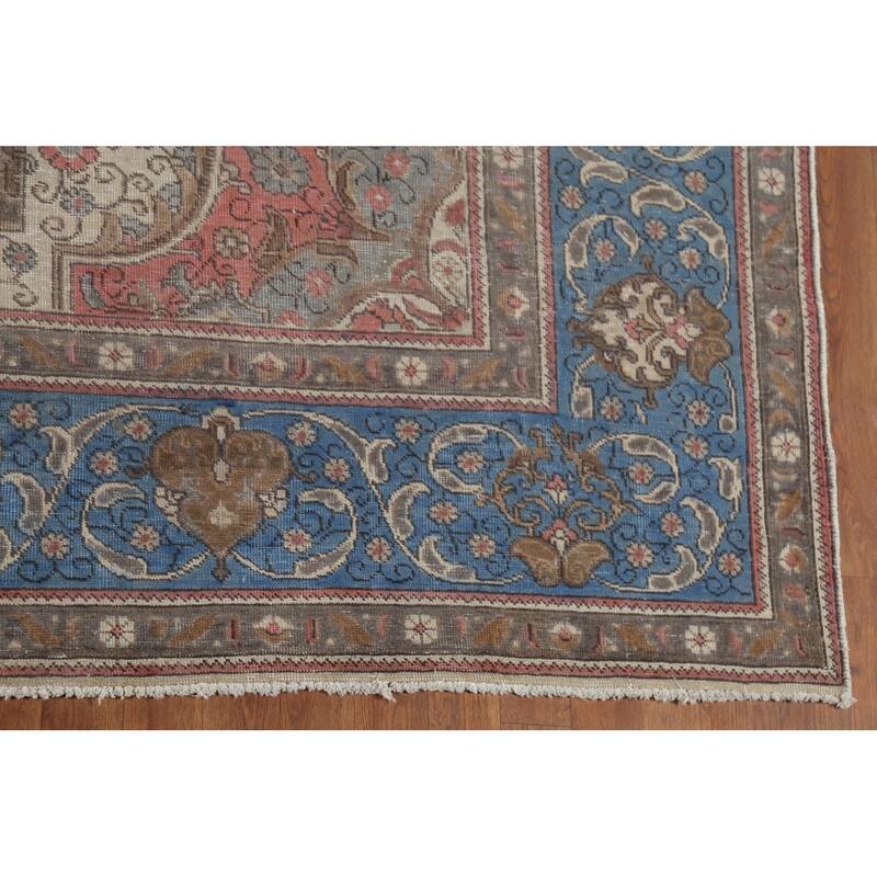 Distressed Tabriz Persian Vintage Rug Hand-Knotted Blue Wool Carpet - 10'0"x 13'4"