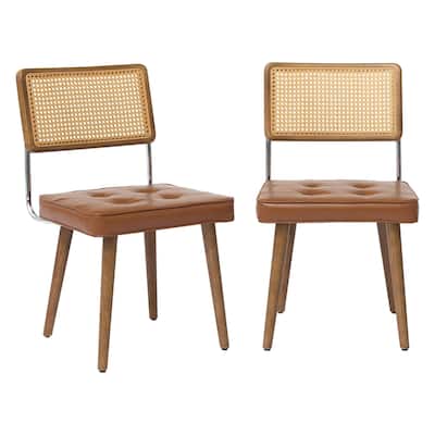 Midcentury Modern Dining Chairs of 2, PU Upholstered Kitchen Chairs with Tall Cane Backrest and Strong Wood Legs