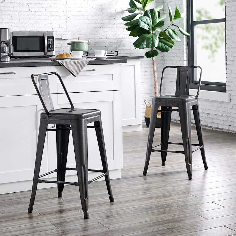 30" Industrial Distressed Black Metal Counter Height Kitchen Bar Stool Set of 2