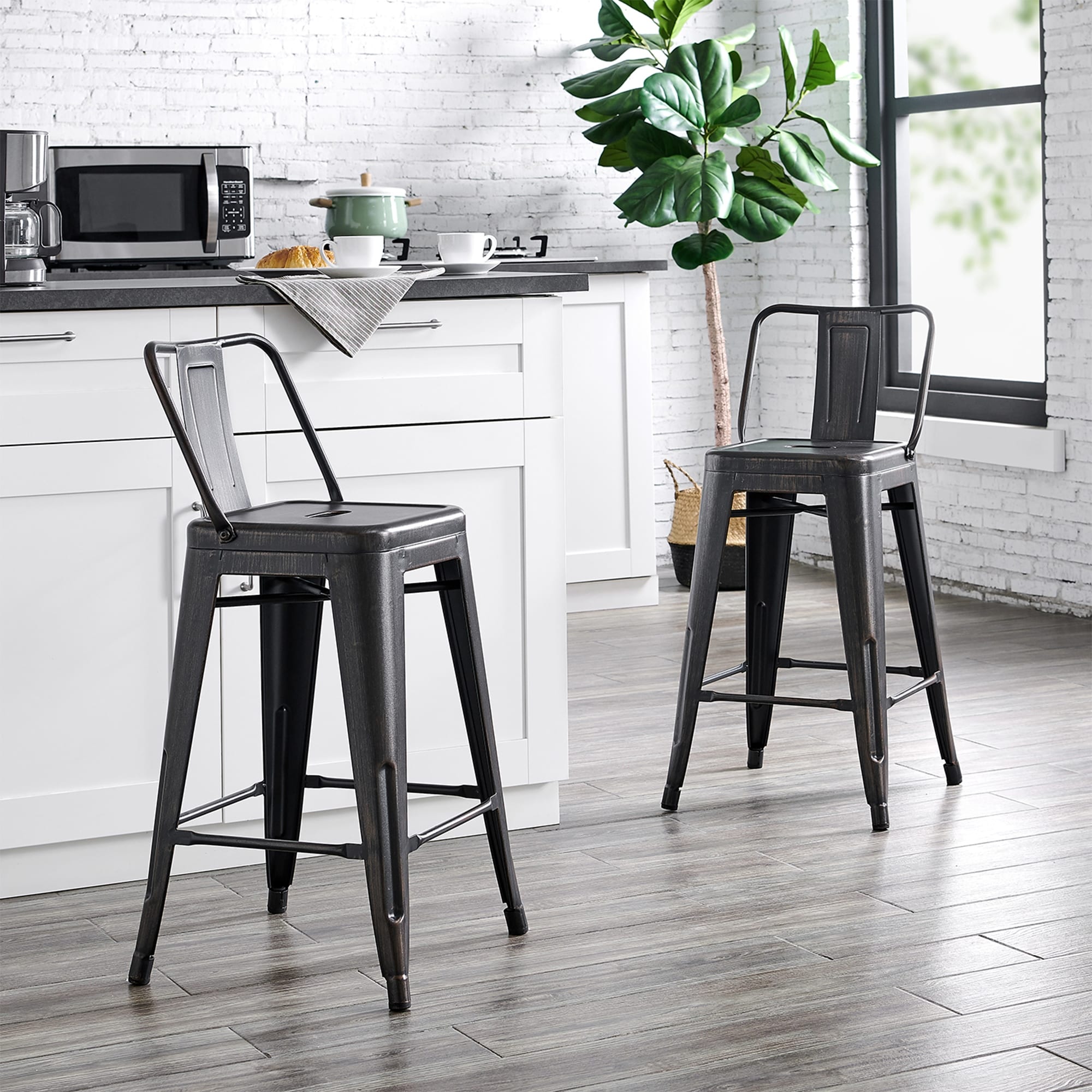 24" Industrial Distressed Black Metal Counter Height Kitchen Bar Stool Set of 2