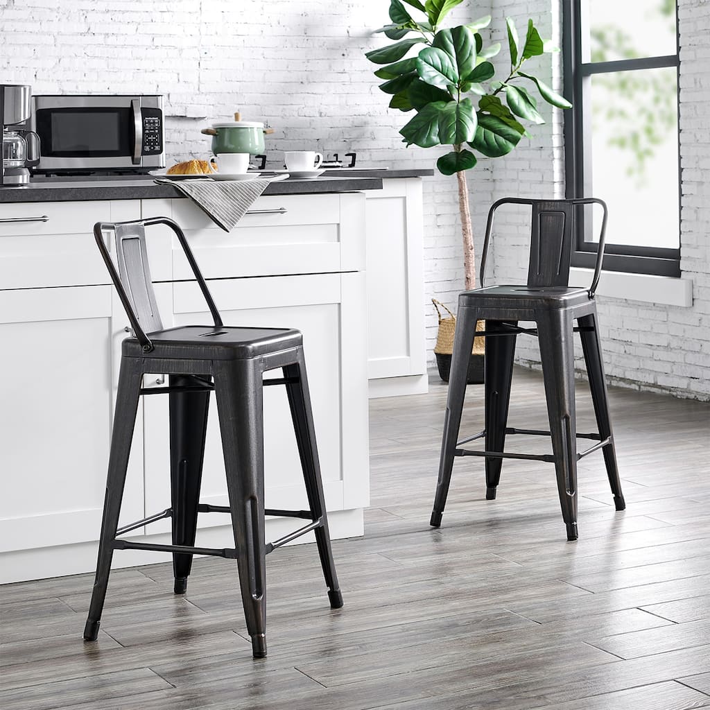 30" Industrial Distressed Black Metal Counter Height Kitchen Bar Stool Set of 2