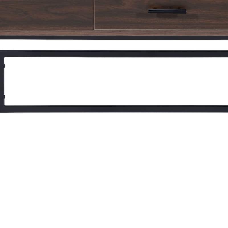 Wood Writing Desk with USB Port, Drawer and Black Metal Base