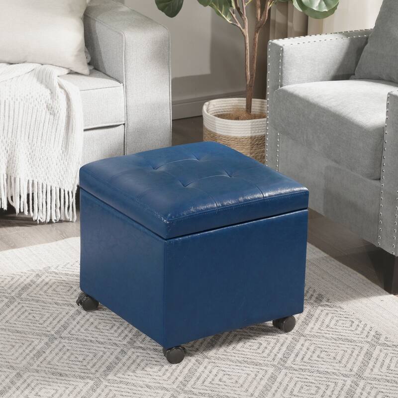 Adeco Bonded Leather Storage Ottoman Square Tufted Cube Footstool - Blue-Faux-Leather-with-Caster
