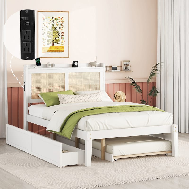 Elegant Bed Frame with Rattan Headboard and Sockets