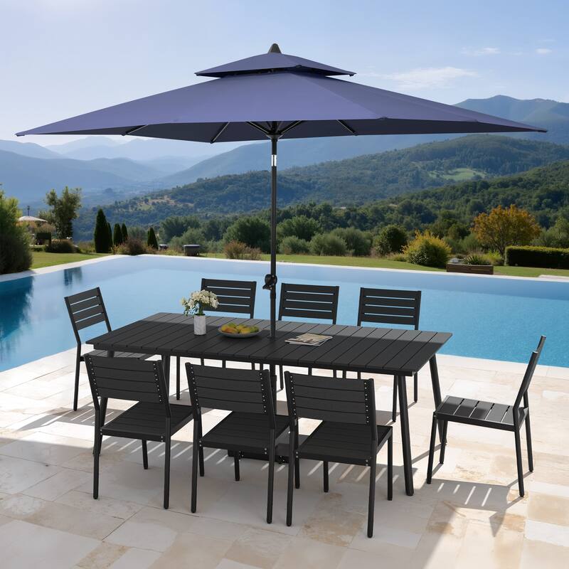 11PC Outdoor Patio Dining Set Aluminum Table with Stackable Chairs w/ Premium Market Umbrella Sets - BlackTable&BlackChairs&NavyBlueUmbrella