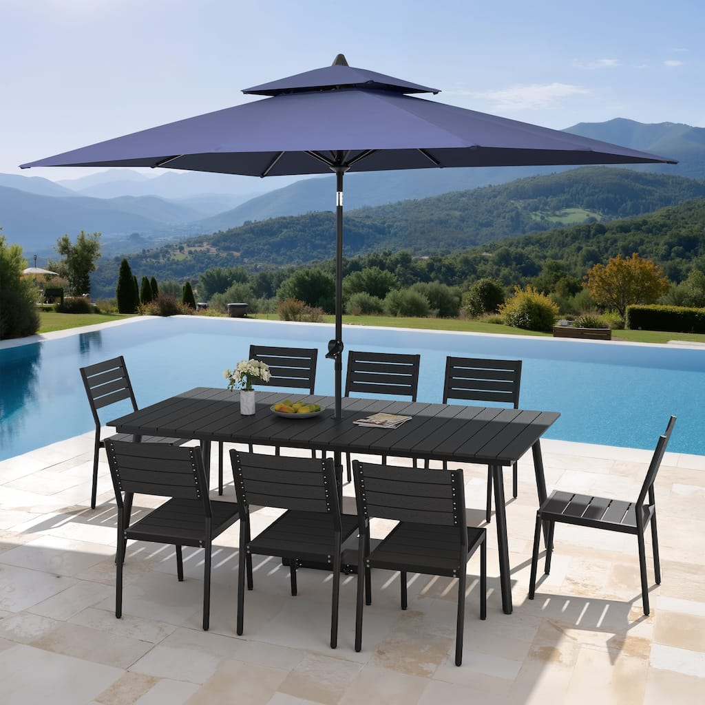 11PC Outdoor Patio Dining Set Aluminum Table with Stackable Chairs w/ Premium Market Umbrella Sets