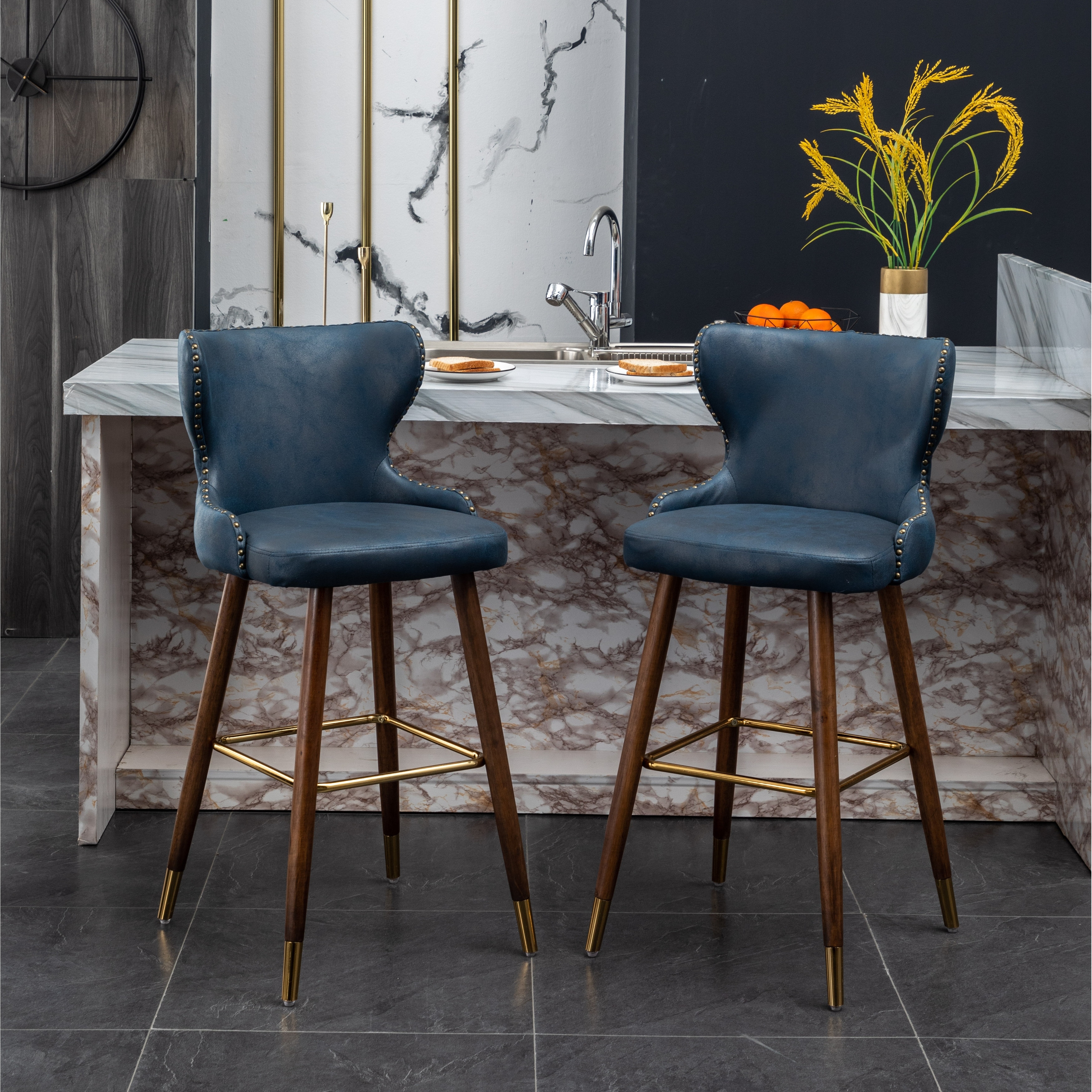 Roundhill Furniture Nevis Mid-century Modern Faux Leather Tufted Nailhead Trim Barstool Set of 2