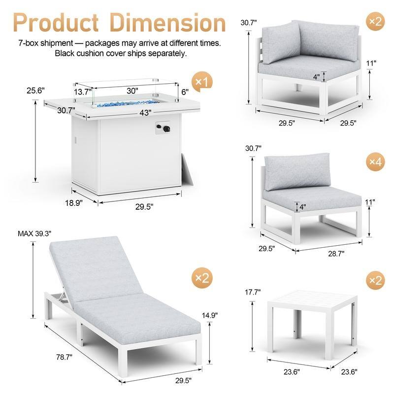 11-Piece Luxury Aluminum Outdoor Furniture Set with Chaise Lounge & Fire Pit Table, 29" Deep Seating Aluminum Patio Sectional
