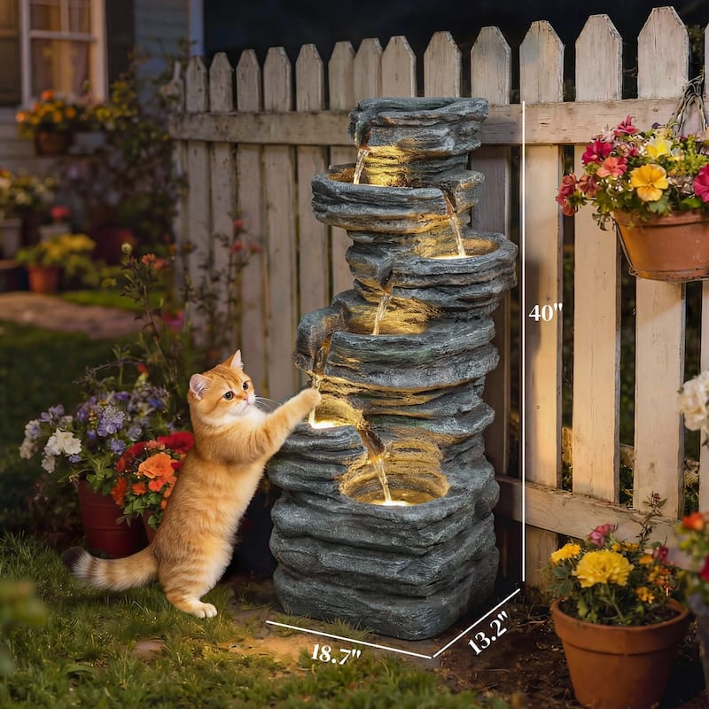 Outsunny 40" Tall Outdoor Waterfall Fountain with LED Lights, 6-Tier Cascading Waterfall Feature with Pump