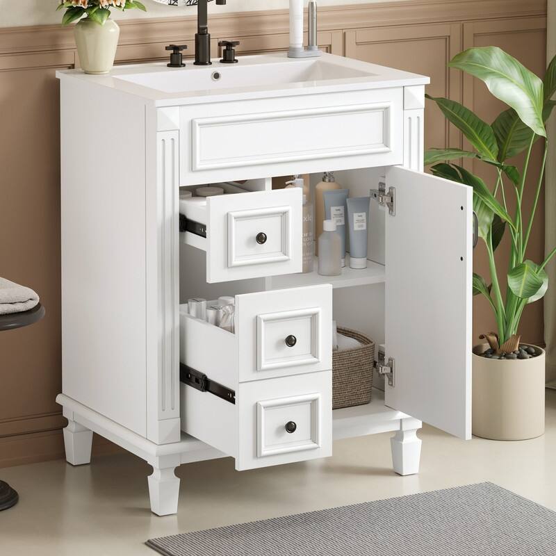24" Bathroom Vanity with Ceramic Sink, 2 Drawers and Adjustable Shelf
