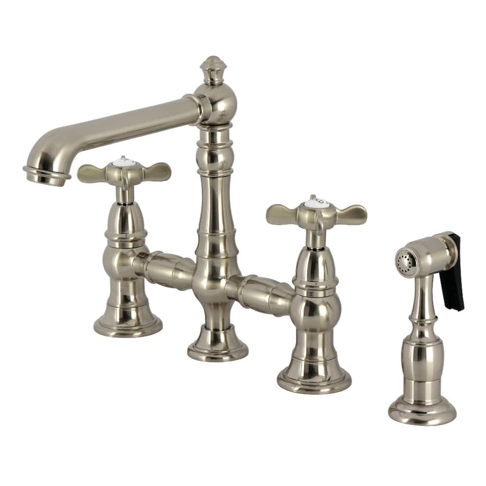 Kingston Brass Essex Two-Handle 4-Hole Deck Mount Bridge Kitchen Faucet with Brass Side Sprayer
