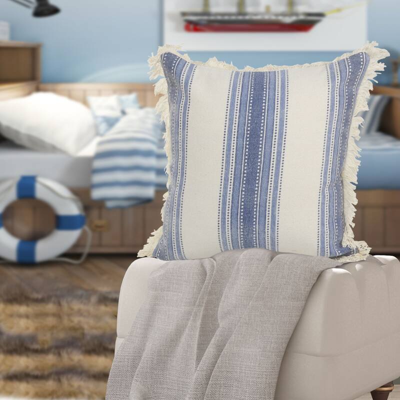 18" Blue and Ivory Striped Square Throw Pillow