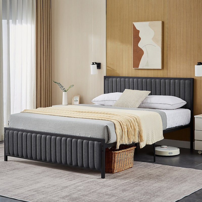 VECELO Upholstered Bed Frame with Tufted Headboard & Footboard, Heavy Duty Steel Slats Platform, No Box Spring Needed - Grey - Full