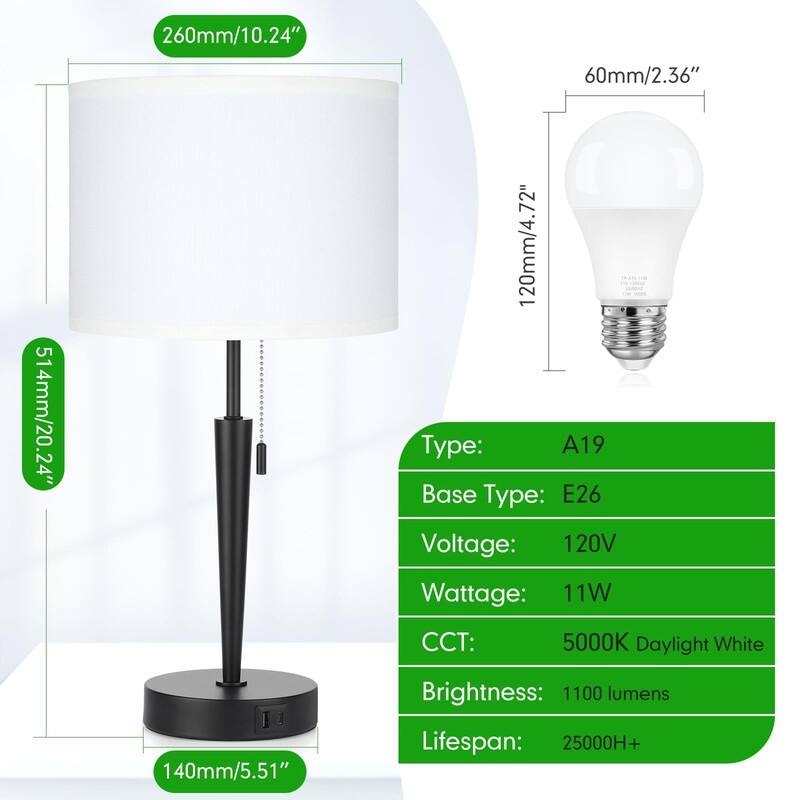 Set of 2 Bedside Table Lamp, Pull Chain Nightstand Lamps - E26
