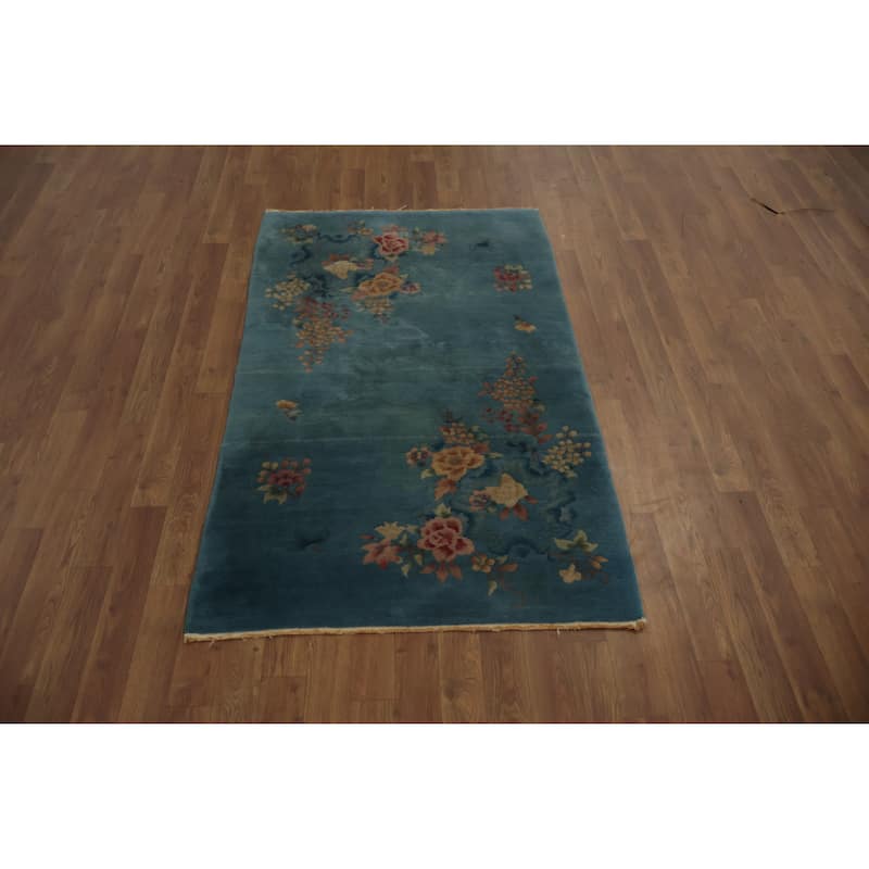 Hand Knotted Oriental 100% Wool Carpet Traditional Floral Green Art Deco Area Rug - 4' 11'' X 3' 1''