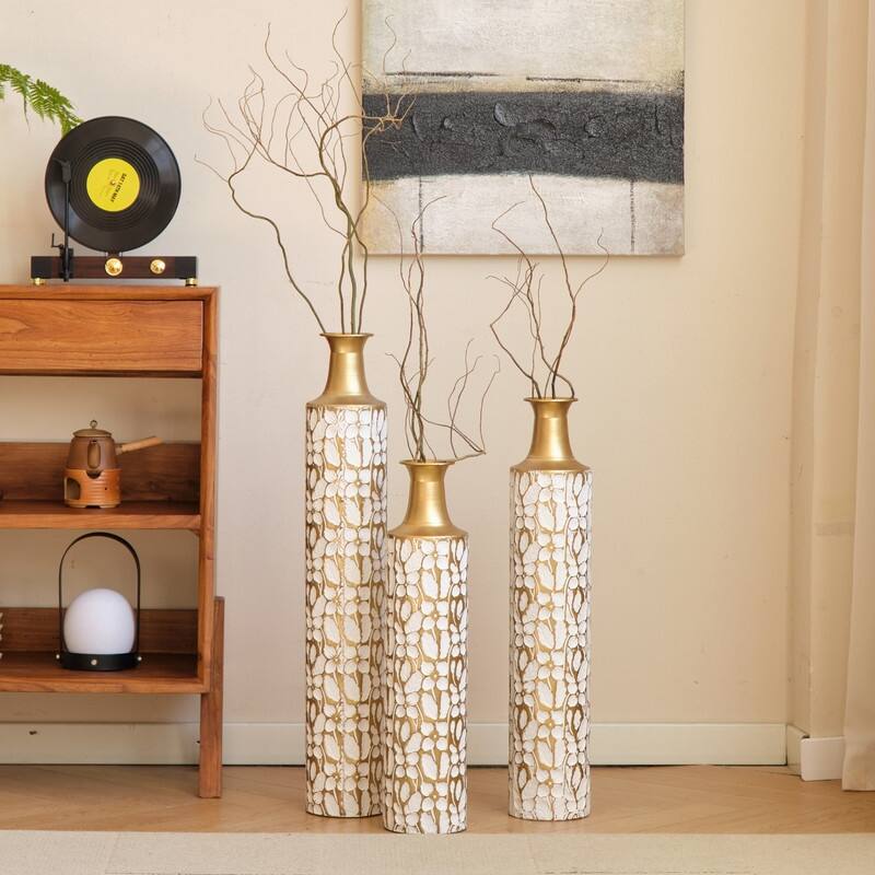 Set of 3 White & Gold Leaf Metal Floor Vases - Graduated Heights for Modern Home Decor