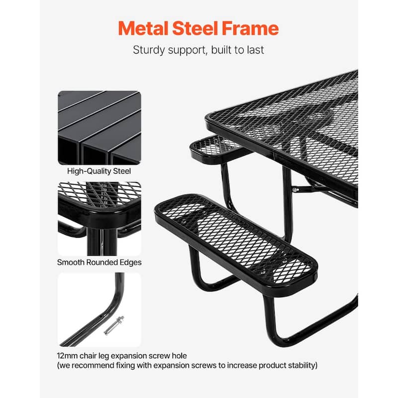 75.8" Black Picnic Square Dining Table with Built-in Umbrella Hole and Metal Frame for 6-8 People - 75.8 x 75.8 x 29.33 in