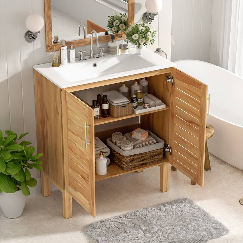 Roomfitters 30" Antique Bathroom Vanity with Ceramic Sink, Mid-Century Cabinet with Soft-Close Doors, Antique Natural