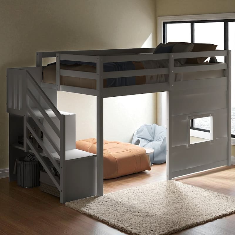 Twin Size Loft Bed with Storage Staircase, Window, LED Light and Guardrails, Solid Wood Frame