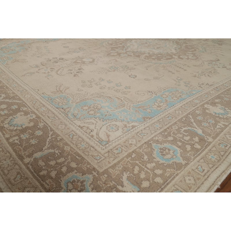 Hand Knotted Oriental 100% Wool Carpet Traditional Floral Beige & Ivories Tabriz Area Rug - 11' 2'' X 7' 7''