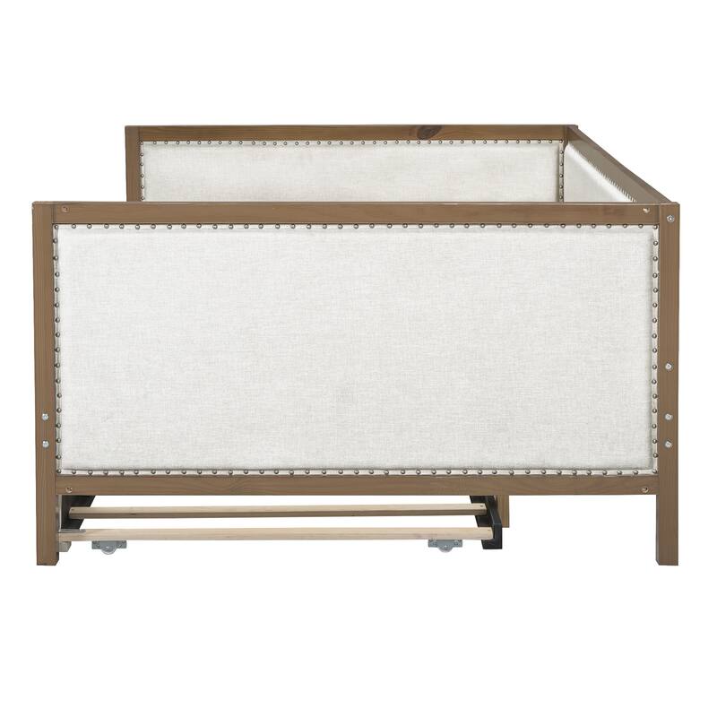Full Size Linen Daybed with Trundle and Nailhead Decoration
