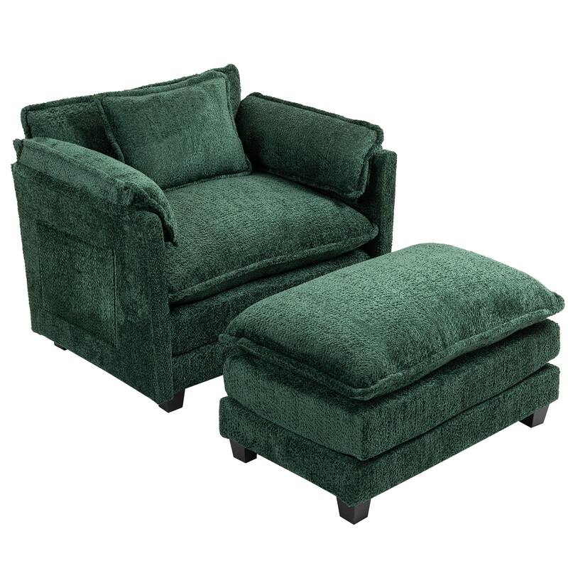 55" Oversized Single Sofa Chaise Lounge with Ottoman, Comfy Reading Chair Upholstered Sleeper Chair with Side Pockets