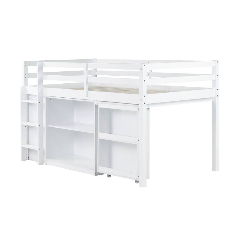 Twin Rubber Wood Loft Bed with Drawer Cabinet, Shelf,Pulling -Out Desk