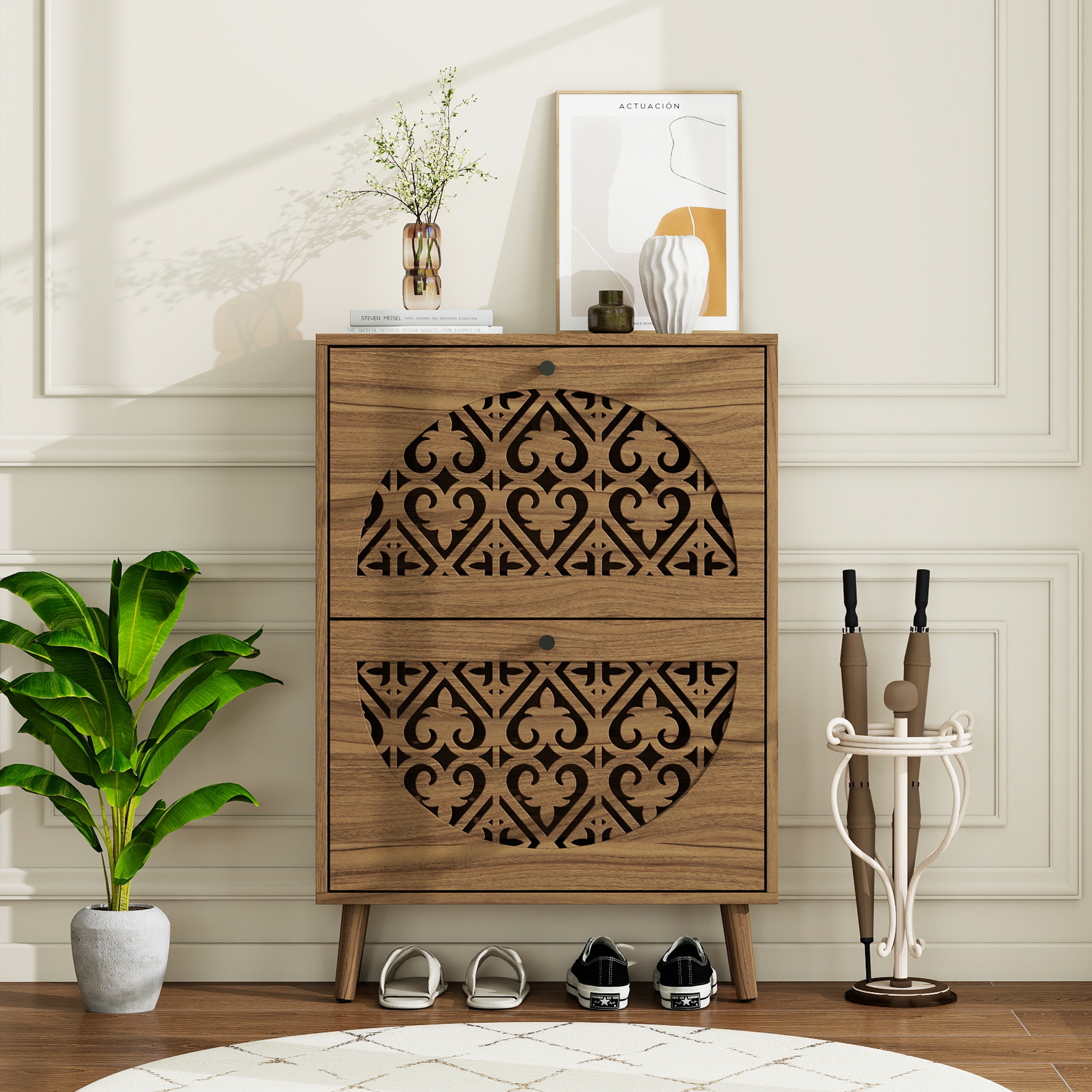Narrow Shoe Cabinet with 2 Flip Drawers, Carved Floral Pattern Wooden Shoe Storage Organizer, Freestanding Hidden Shoe Rack