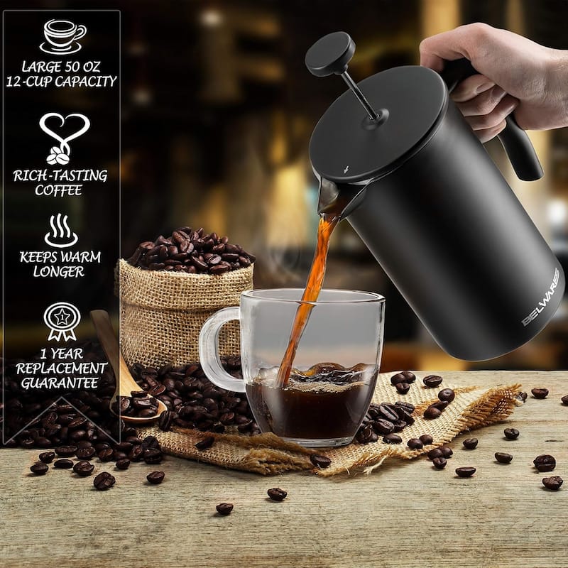 French Press Coffee Maker – Insulated Coffee Press Stainless Steel 304 – Coffee Spoon, Double Wall, & 4 Level Filtration System