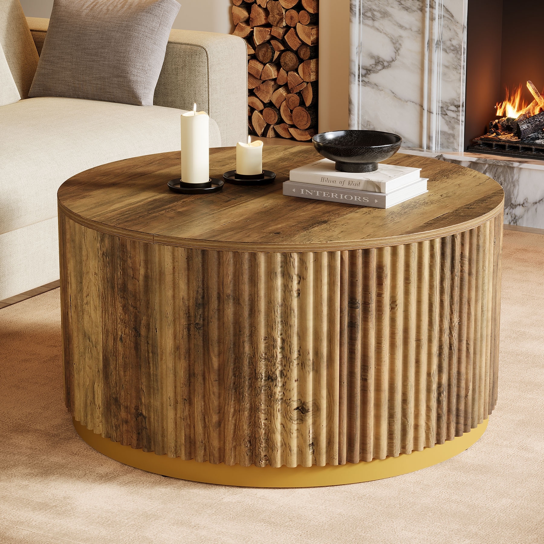 Round Coffee Table, Fluted Wooden Center Table, Mid Century Modern Table for Living Room or Office