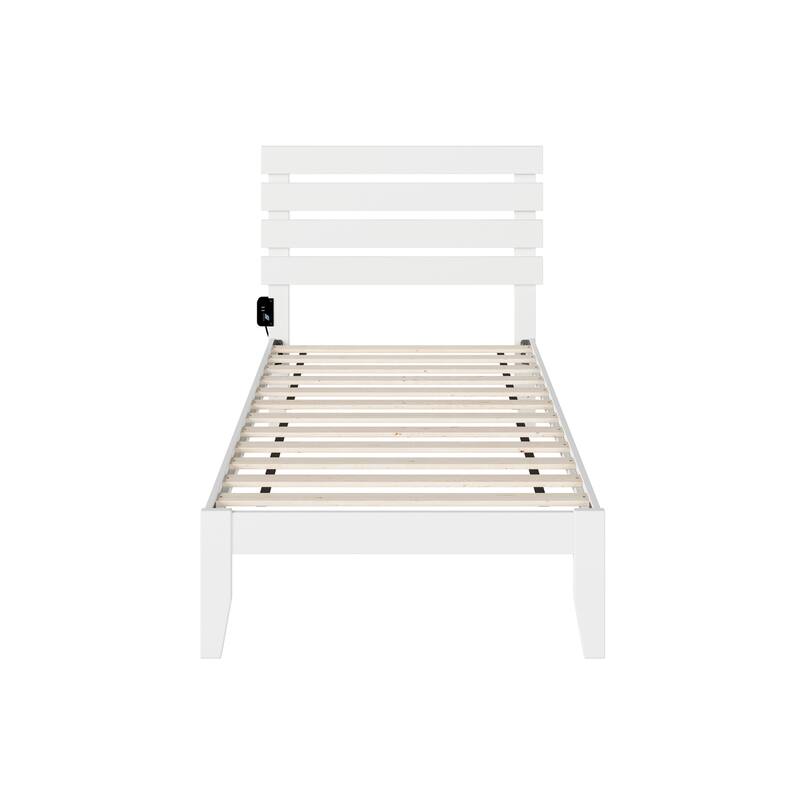 Twin Bed with USB Charger - Modern Design Bed Frame - White Finish - No Box Spring Needed