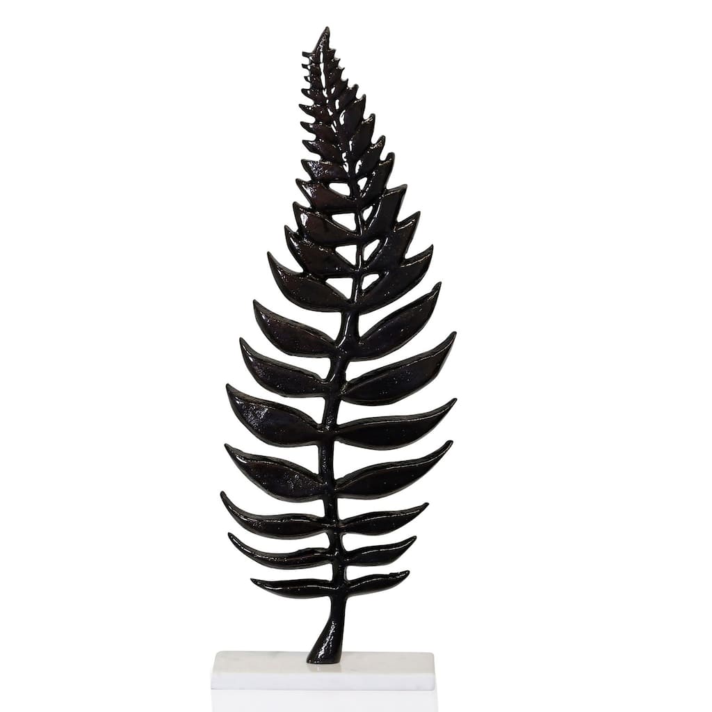 Large Standing Metal Leaf in A Dark Bronze Finish on Top of A White Marble Base - 2"D x 7.5"W x 20.5"H - 2"D x 7.5"W x 20.5"H