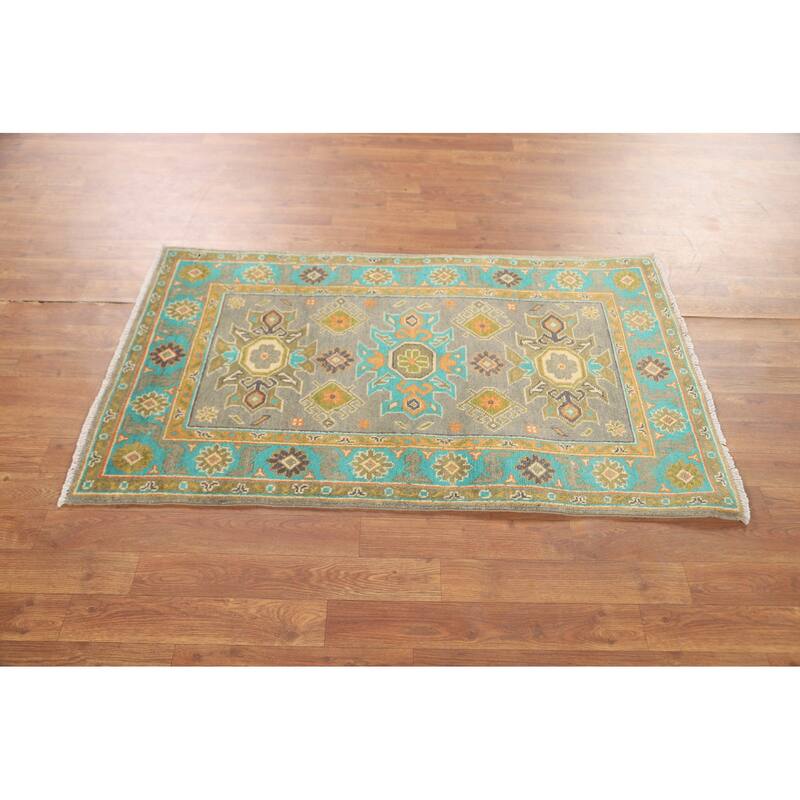 Geometric Grey Kazak Oriental Accent Rug Handmade Wool Carpet - 2'6" x 4'5"