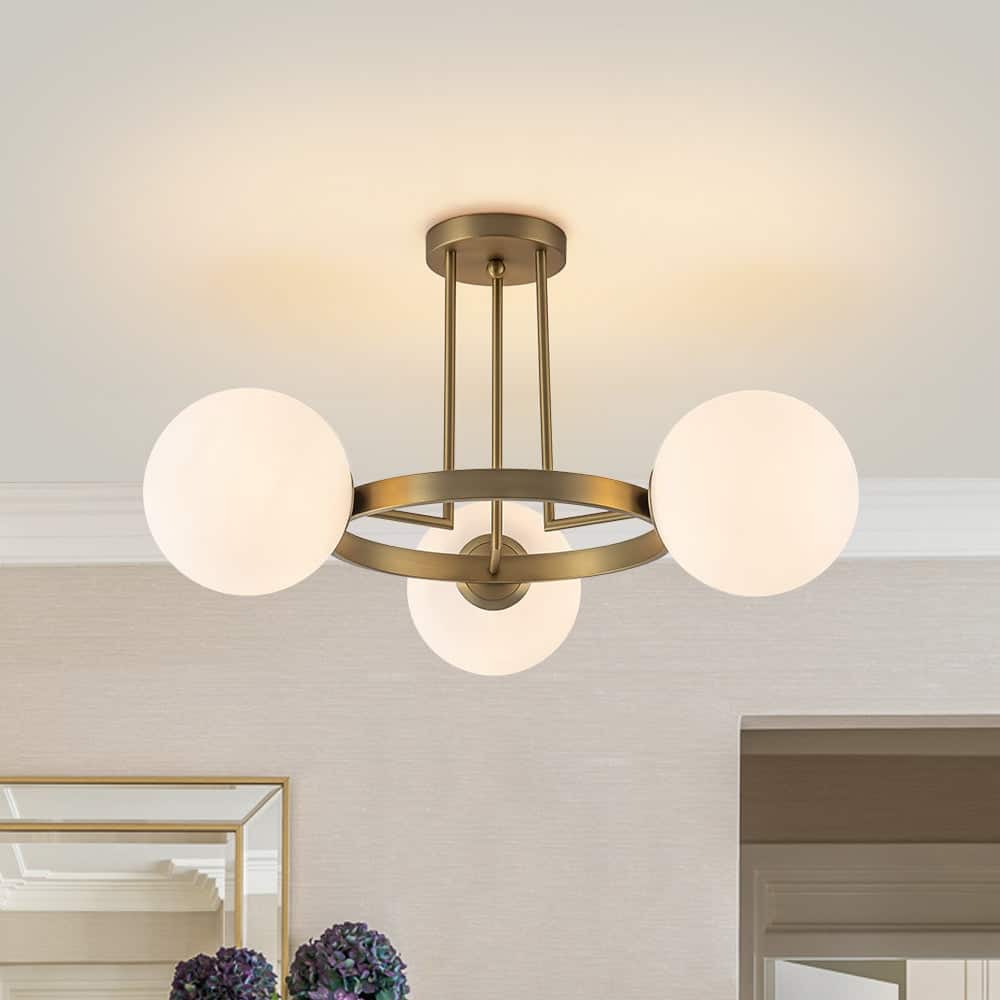 3-Light Halo Milky White Glass Globe Circle Ceiling Light 30.3 in
