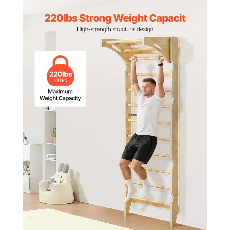 2 in 1 Wooden Wall Gym Climbing Playset with Adjustable Pull Up Bar and Swedish Ladder for Kids Indoor Playground
