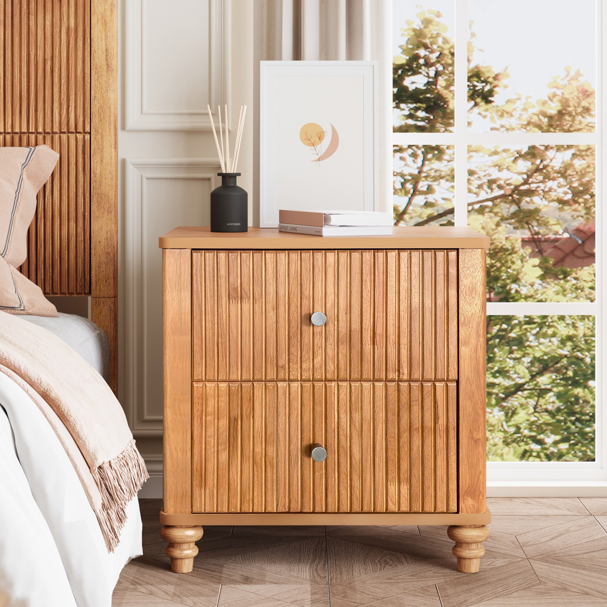 GDFStudio Mid-Century Fluted 3-Drawer Wooden Nightstand with Metal