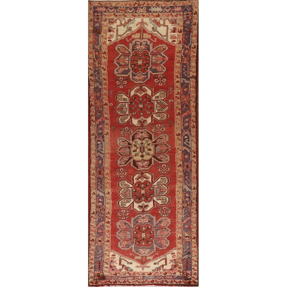 Vegetable Dye Red Heriz Persian Vintage Runner Rug Handmade Carpet - 3'1"x 9'8"
